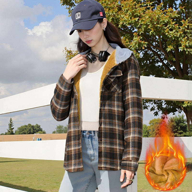 Casual And Loose Hooded Plaid Shirt Top For Women