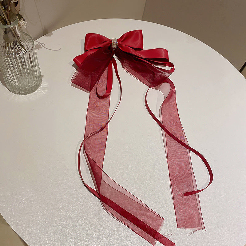 Red Bow Encrusted Tassel Hairpin Back Head Spring Top Clip
