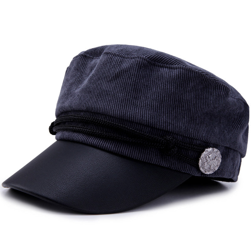 Spring, Summer, Autumn And Winter Navy Hat Women's British Retro Men PU Leather Seal Flat-top Hat