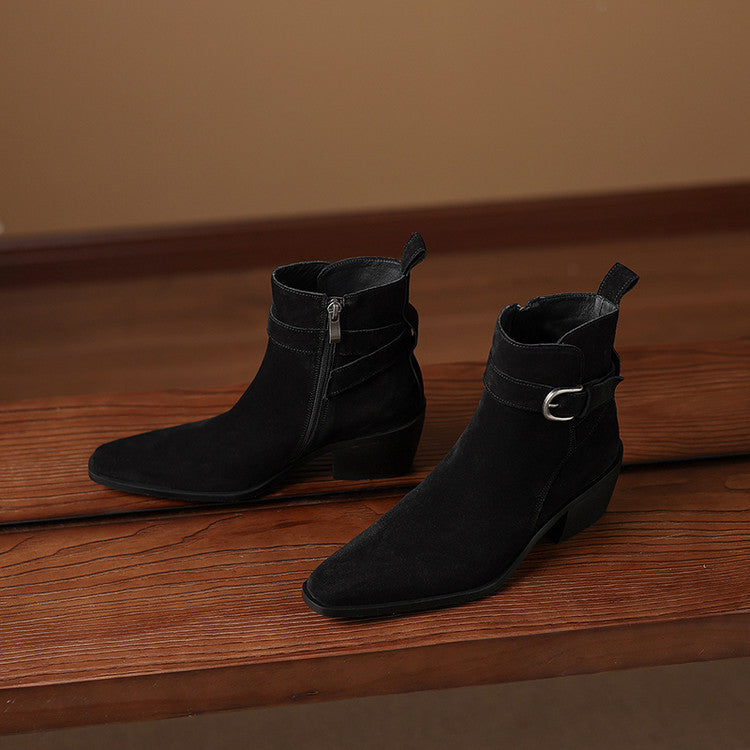 Suede Leather Chunky-heel Autumnwinter Fleece-lined Suede Boots