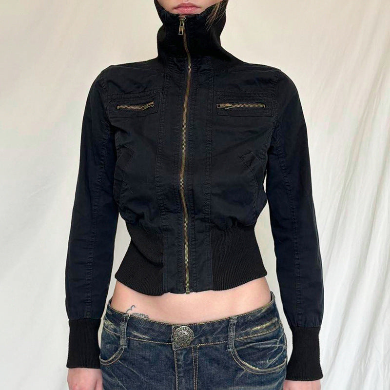 American-style Waist-tight Slimming Zipper Cardigan Woven Turtleneck Solid Color Coat