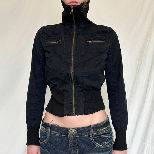 American-style Waist-tight Slimming Zipper Cardigan Woven Turtleneck Solid Color Coat