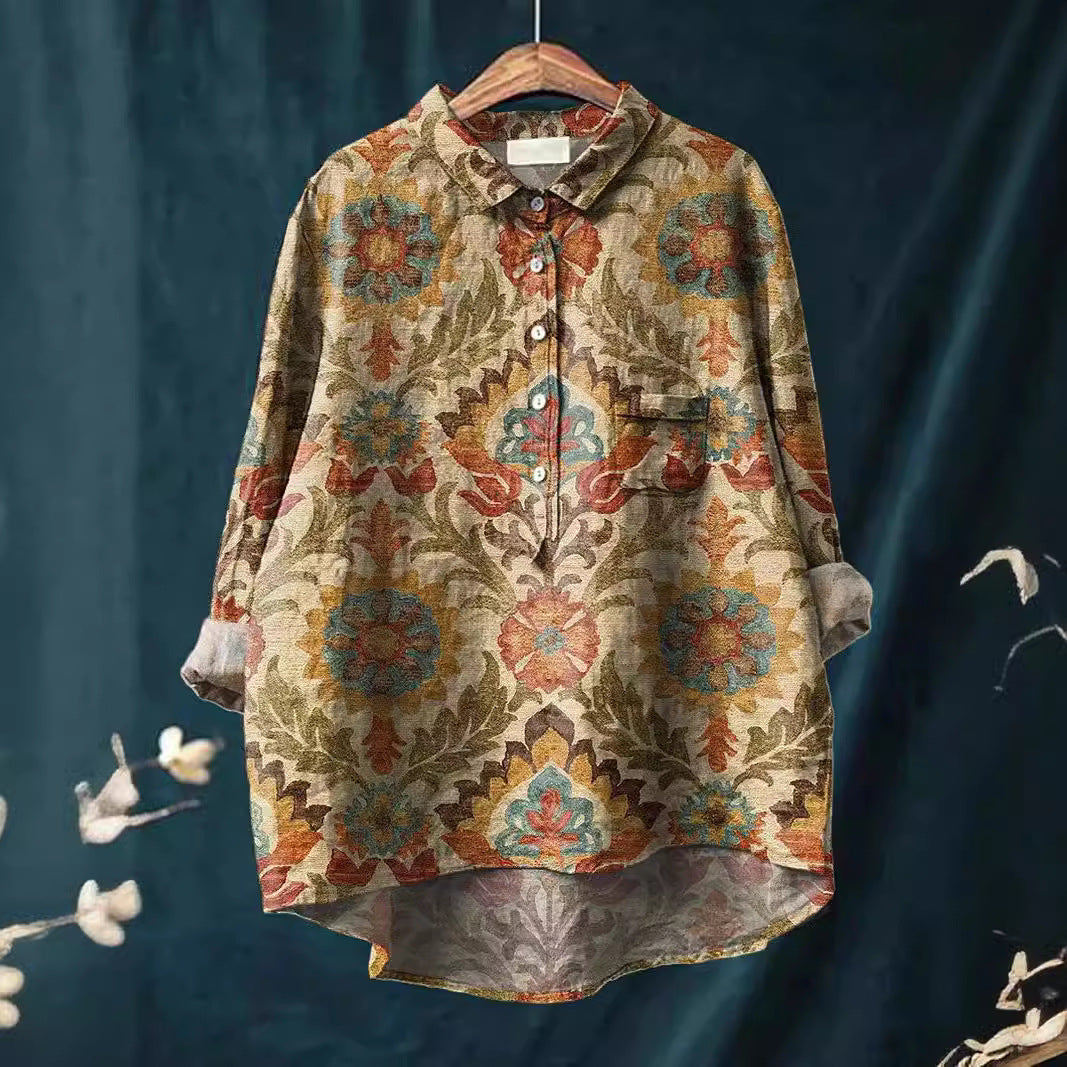 Lapel Long Sleeve Shirt Vintage Floral Flower T-shirt Shirt