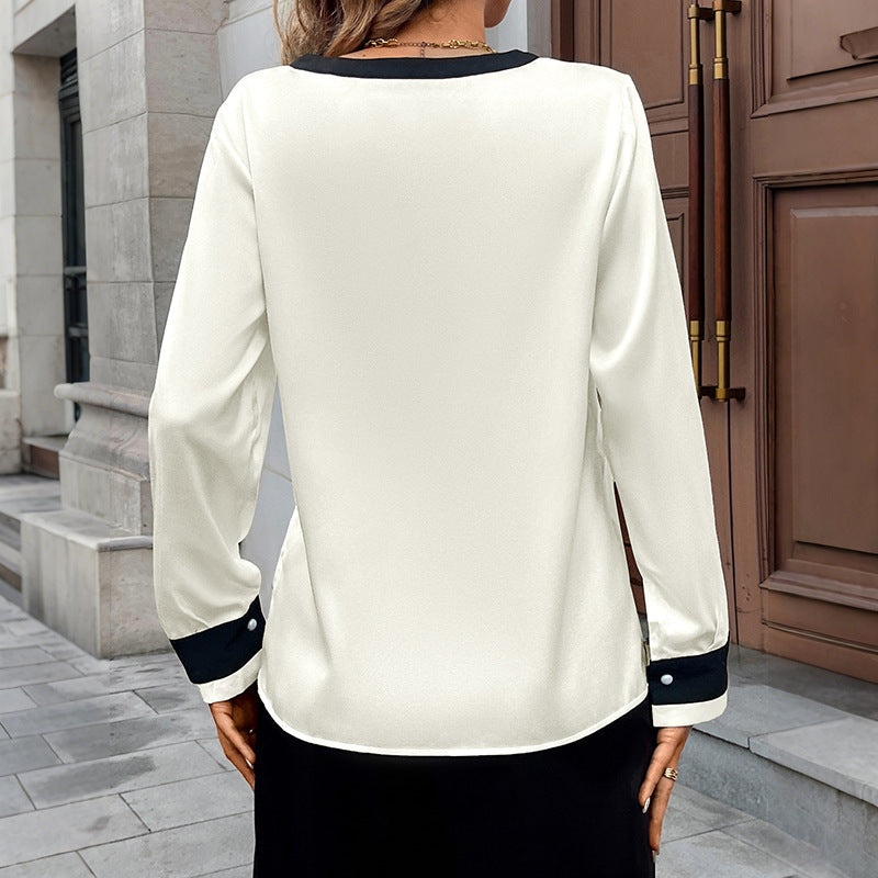 Elegant Style Pearl Button T-shirt Deep V-neck Color-block Single-breasted Shirt