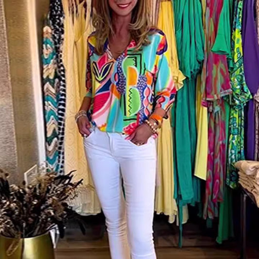 Printed V-Neck Three-Quarter Sleeve Casual Womens Top T-Shirt