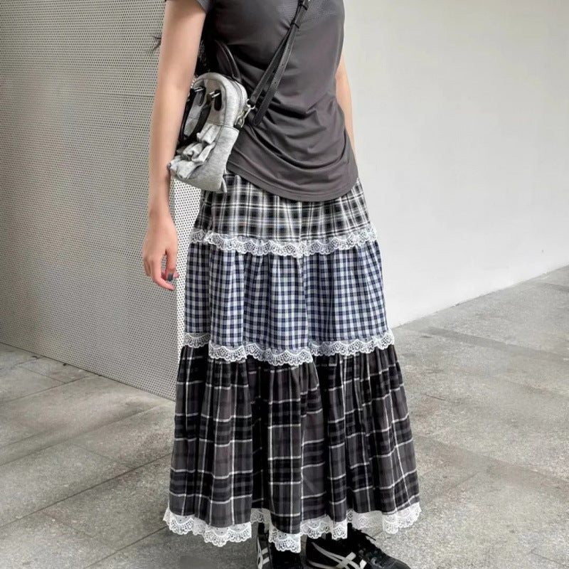 Plaid Lace-Patched Cake-Style Checkered Midi Skirt For Women