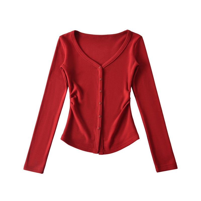 Macaron-colored V-neck Button-front Waist-cinching Top With Long Sleeves