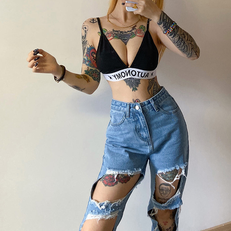 Ripped raw high-rise jeans