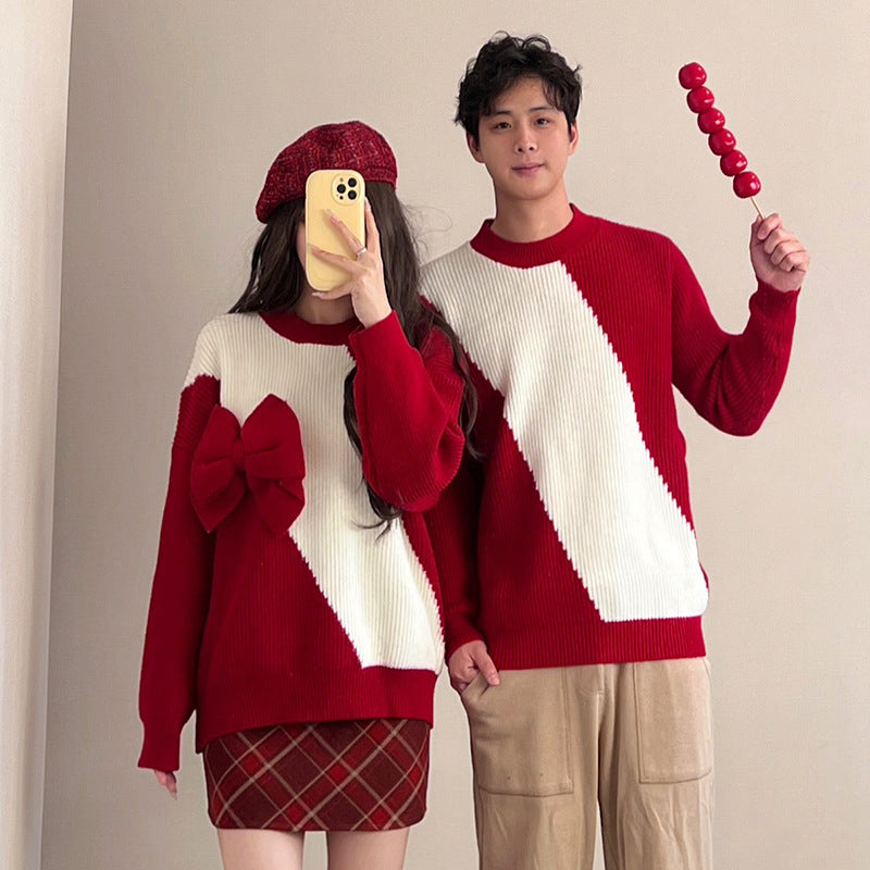 Design Red Bow Atmosphere Color Matching Sweater