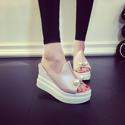 Fish Mouth Round Toe Platform Heel Beaded Women's Sandals
