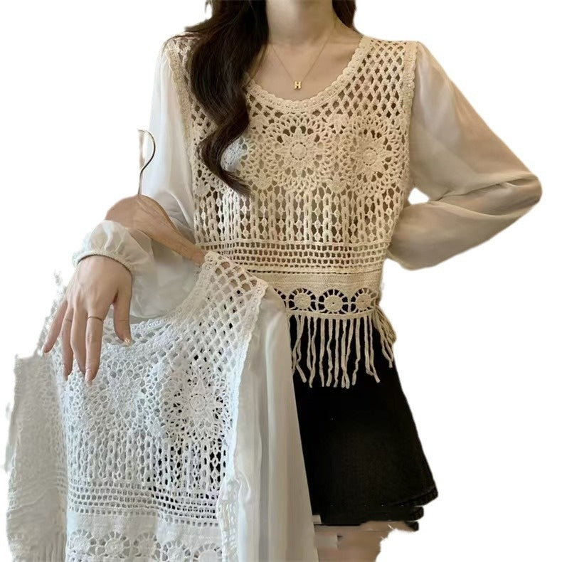 Women's Tassel Age-reducing Chiffon Patchwork Lace V-neck Shirt