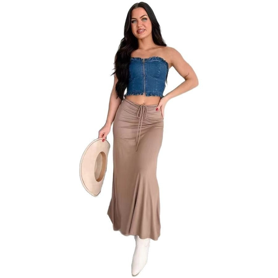 European And American Drawstring Stitching Su Pleated Solid Color Women's Skirt
