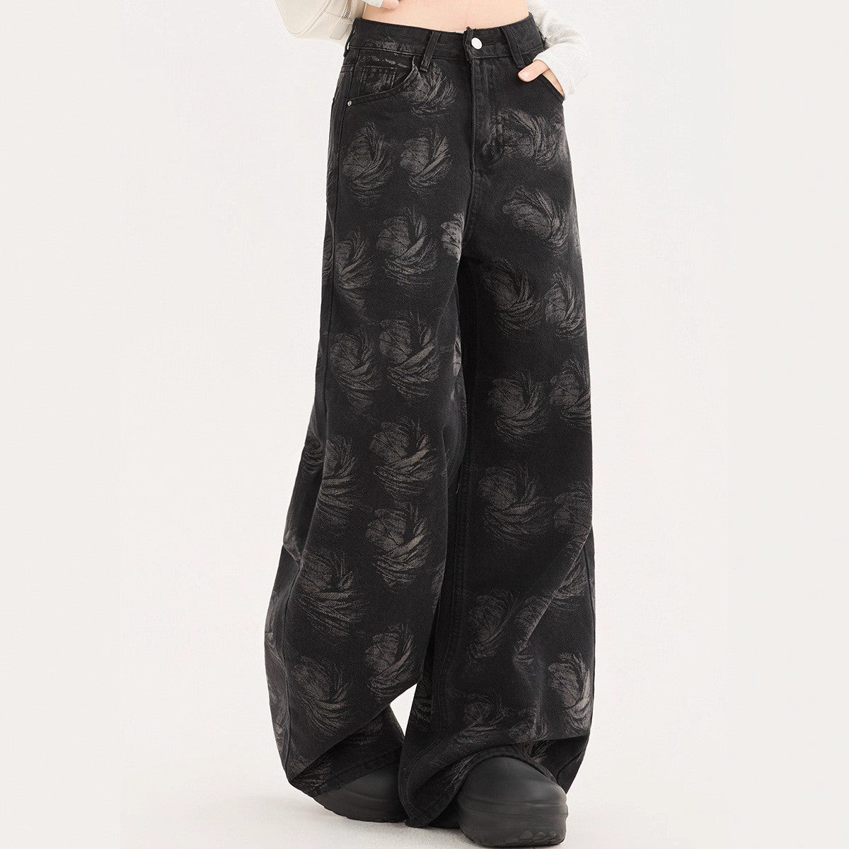 Womens High-waisted Loose-fit Washed Denim Jeans With A Printed Design