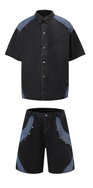 Retro Personalized Washed Short-sleeved Jeans Suit