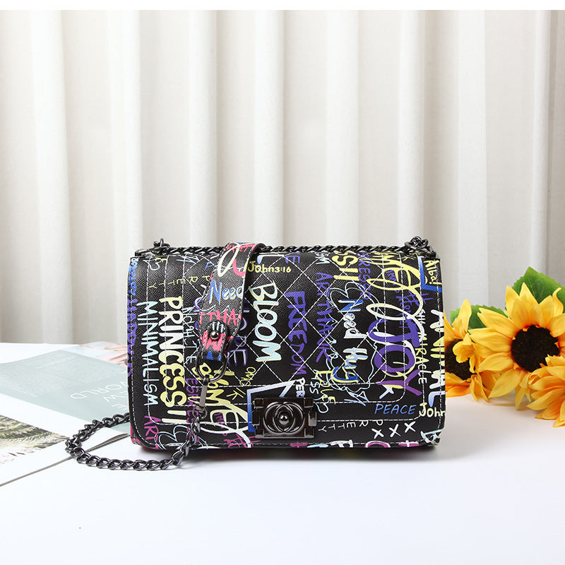 Fashion Printed Letter Graffiti Bag Diamond Chain