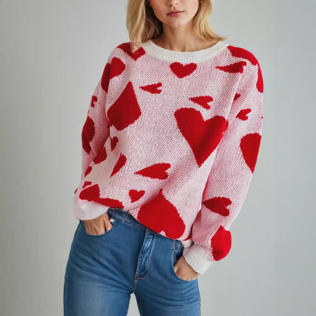 Round Neck Heart-shaped Two-color Jacquard Pullover Sweet
