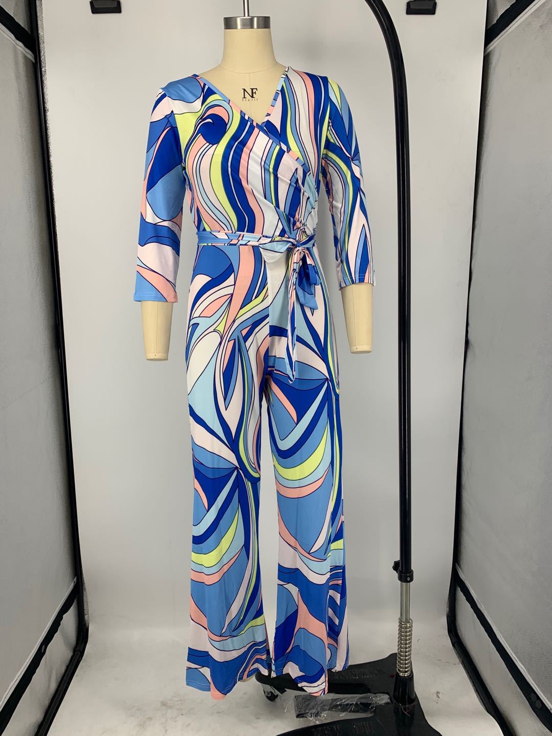 Women's V-Neck Long Sleeve Print Jumpsuit