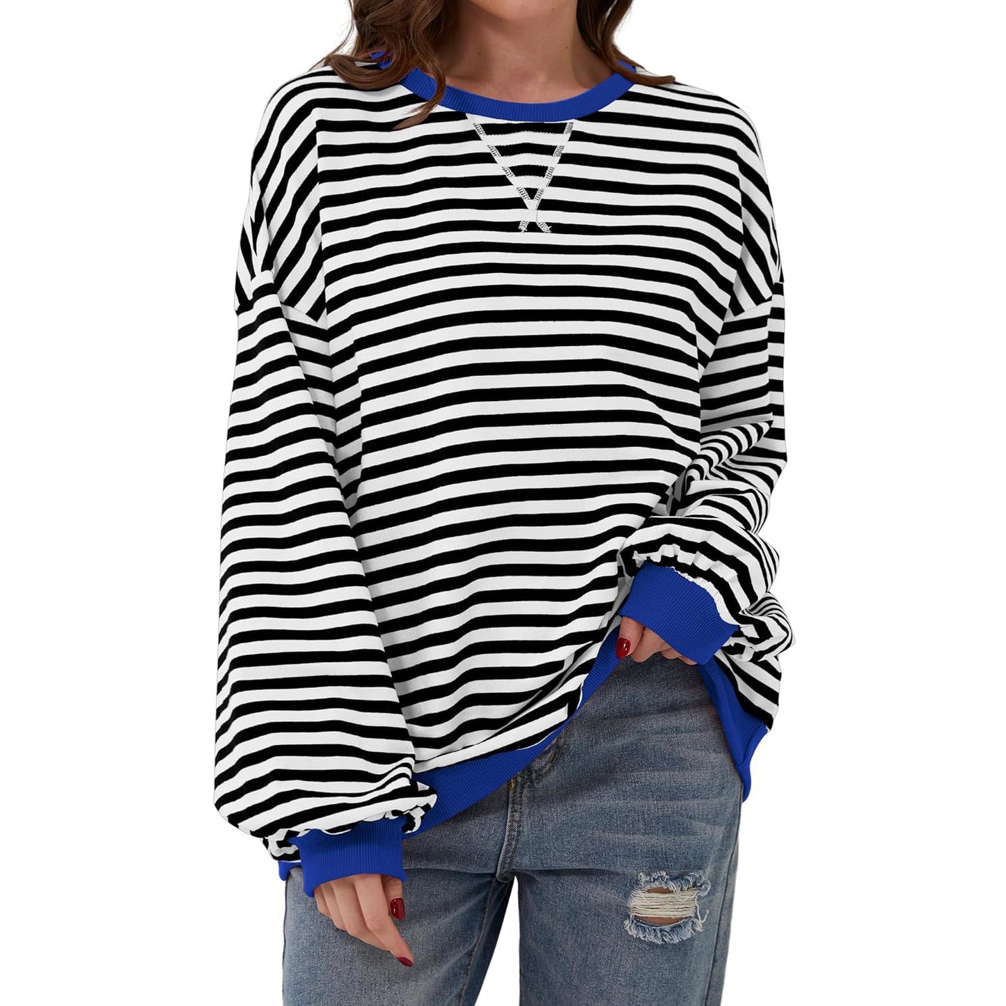 Løs stribet langærmet T-shirt afslappet pullover sweater til dametøj
