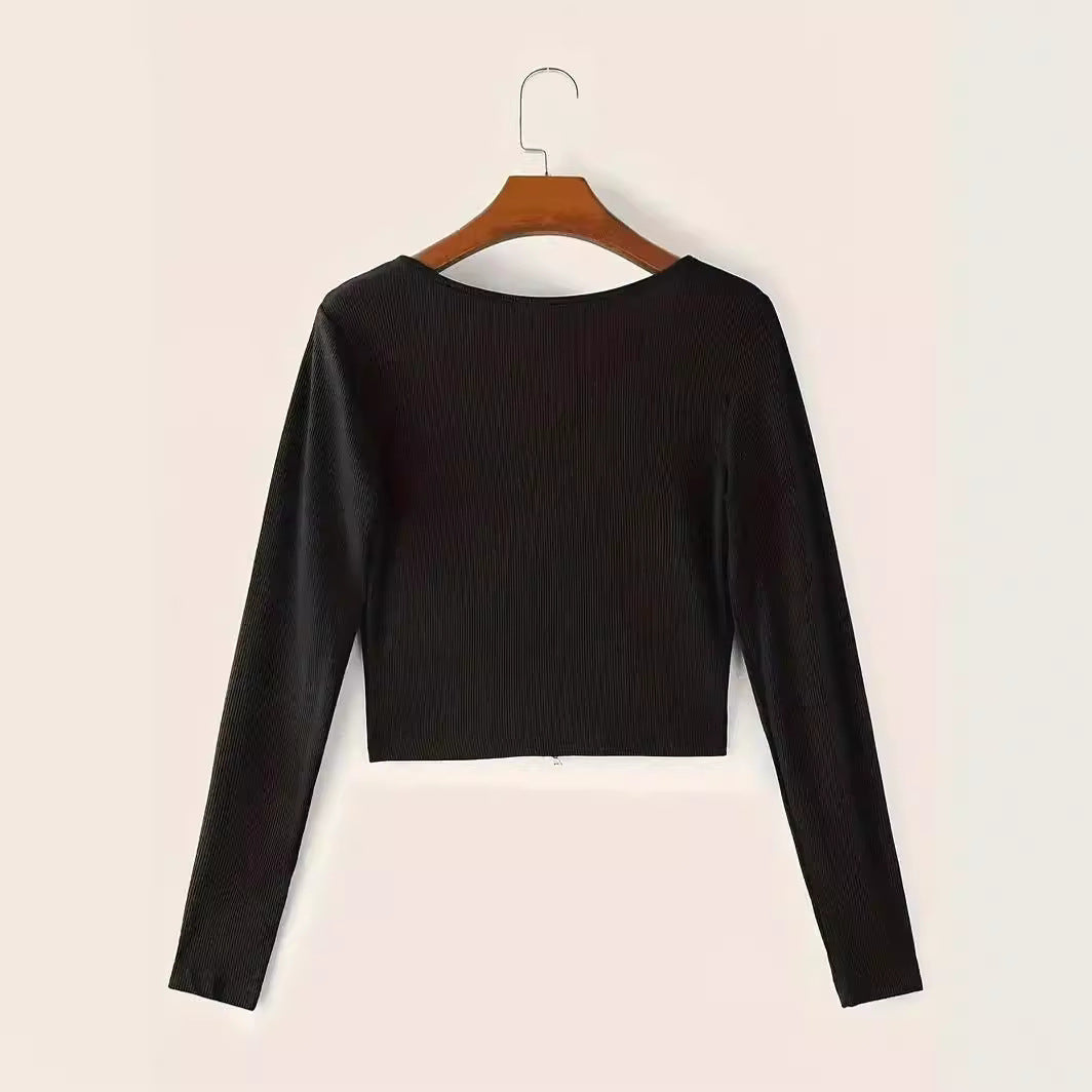 Crop Top Round Neck Long Sleeve Short Women's