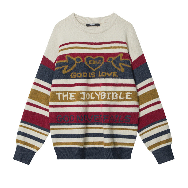 Striped Round Neck Sweater Men's Loose Long Sleeve
