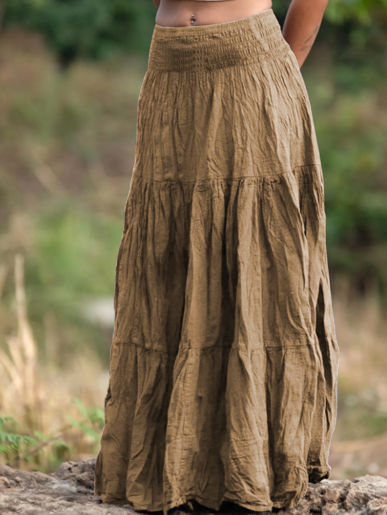 Women's Waist Smocking Mid-length Retro Daily Skirt