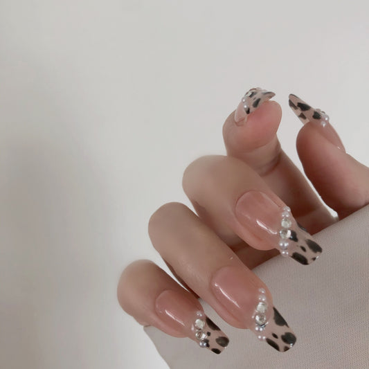 Fingertip Leopard Print Pearl Net Red Powder White Temperament Wear Manicure