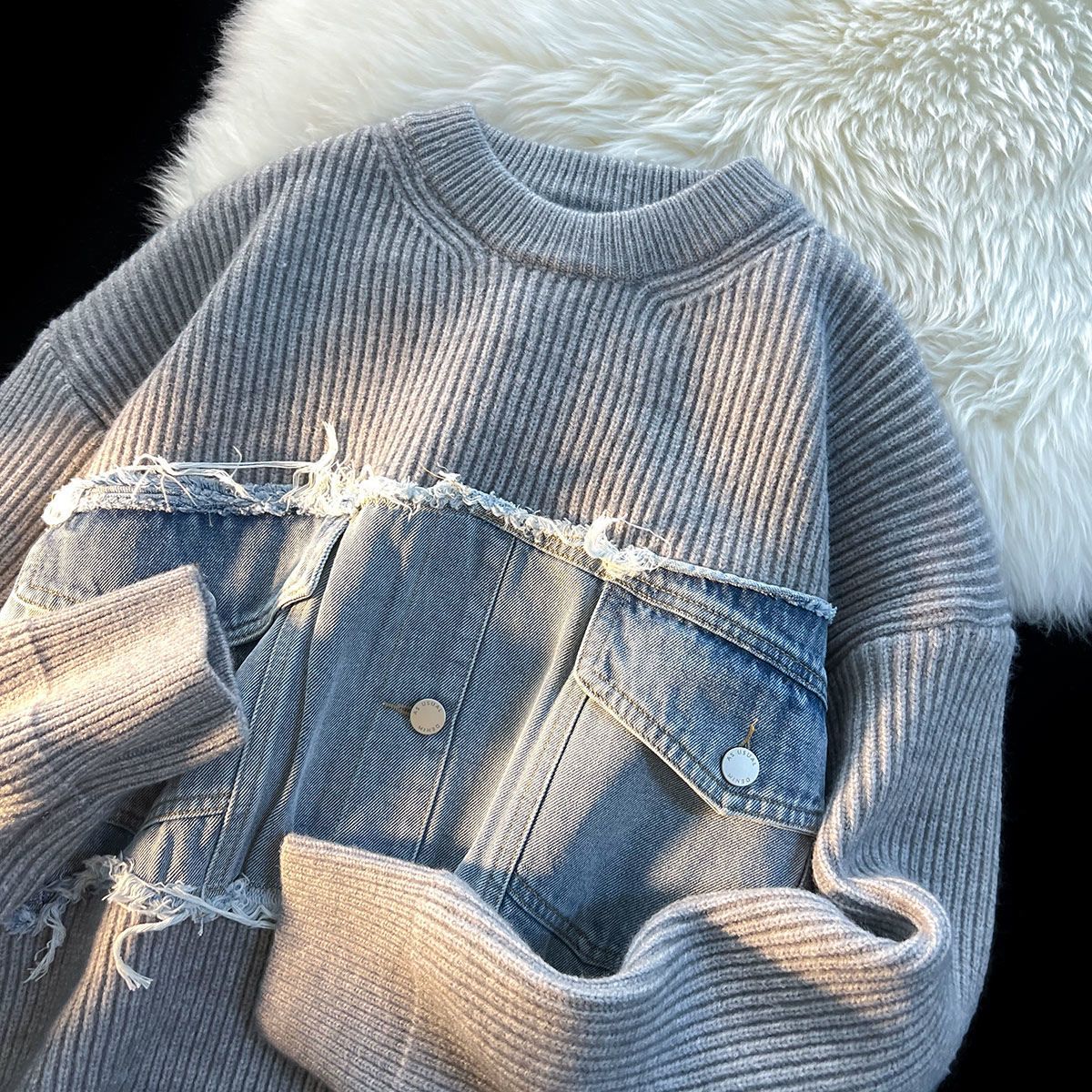 Denim Splicing Knitwear Male Early Autumn Sweater