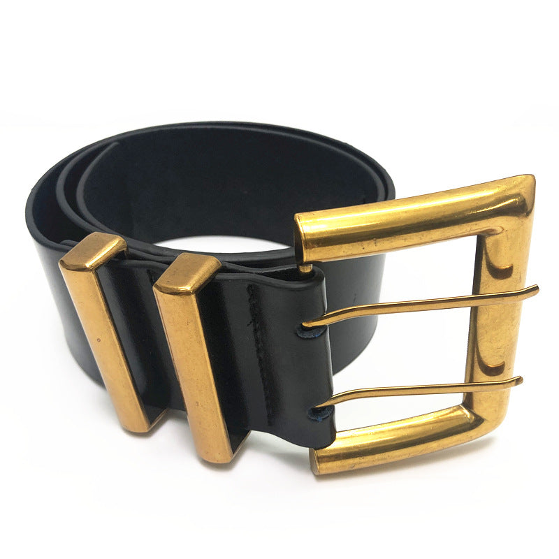 Leather pin buckle girdle ultra-wide two-layer leather retro belt