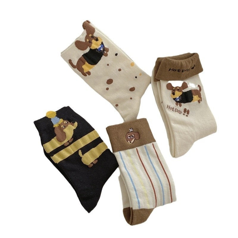Autumn And Winter Puppy Embroidery Tube Socks Flanging Cartoon Sausage Dog Vertical Bar Bunching Socks