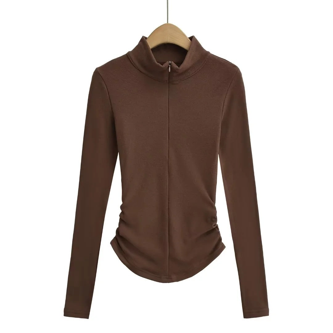 High Collar Half Zipper Stretch Slim-fit Thin Velvet Long Sleeve