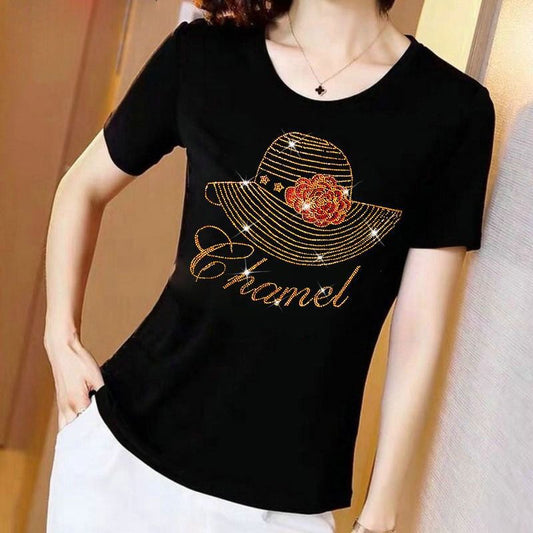 Dame T-shirt med korte ærmer i bomuld og diamanter, plus size