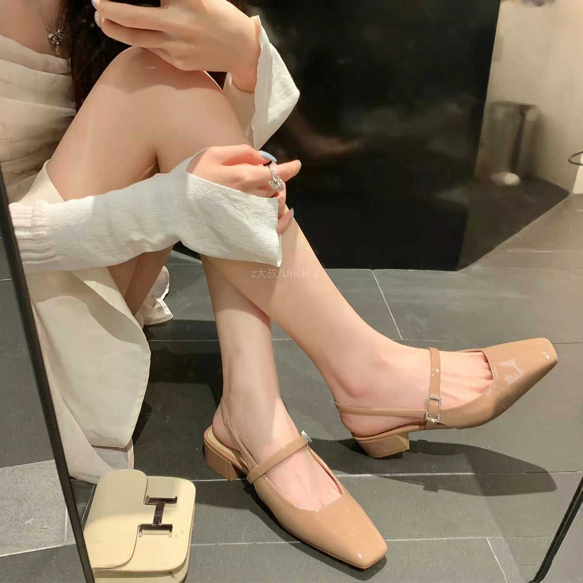 French Square Toe Mary Jane Shoes Rhinestone Square Buckle Chunky Heel