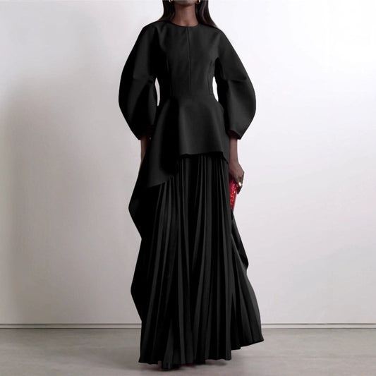 Pleated Solid-color Patchwork Layered Long-sleeve Loose Crew-neck Maxi Dress