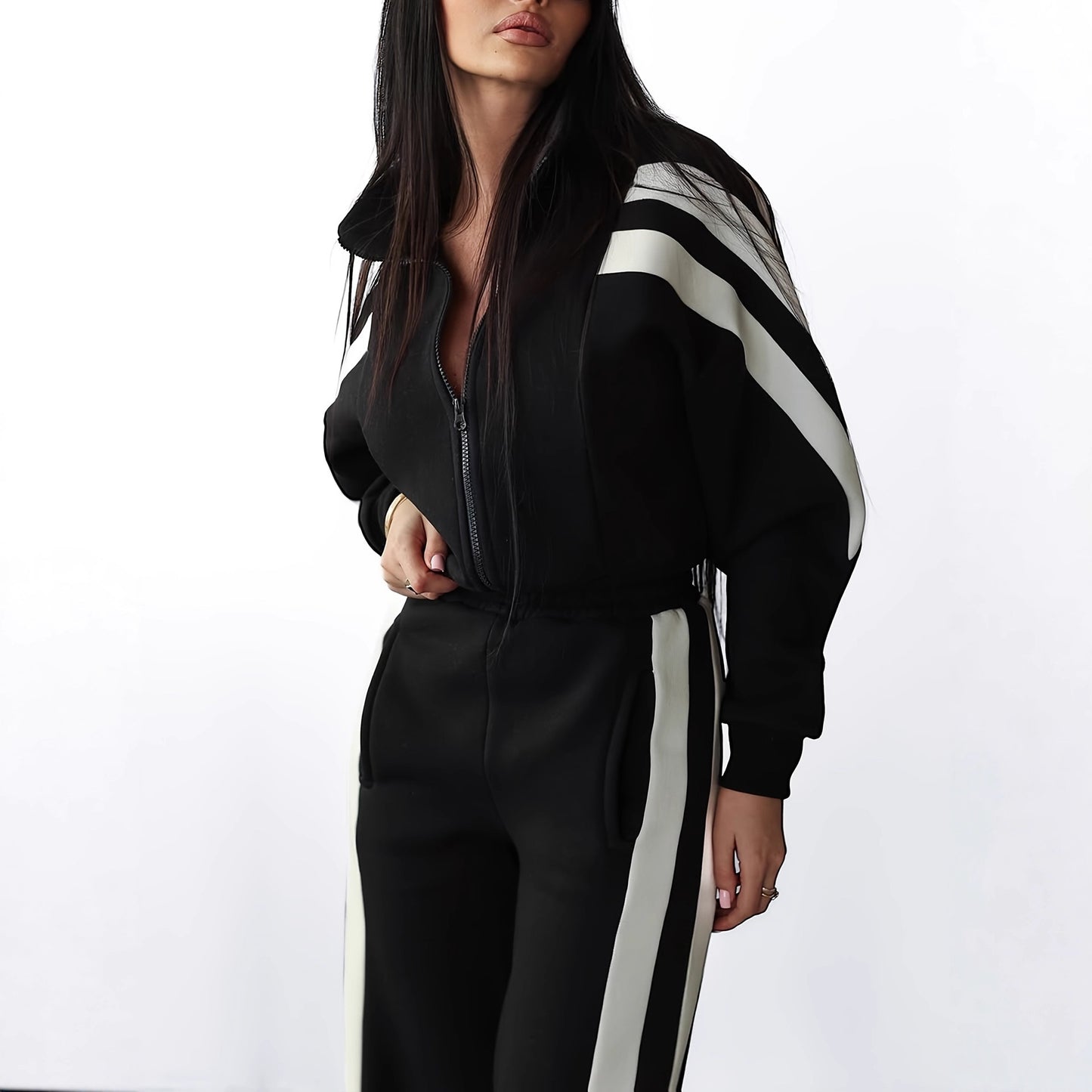 Stitching And Brushed High Waist Casual Straight Trousers Ladies Two-piece Set