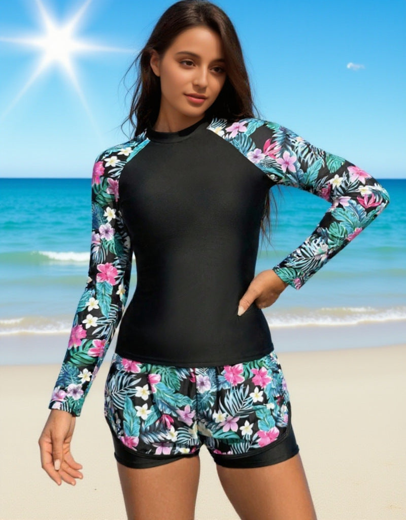Conservative Long-sleeve Digital-print Colorblock Swimsuit