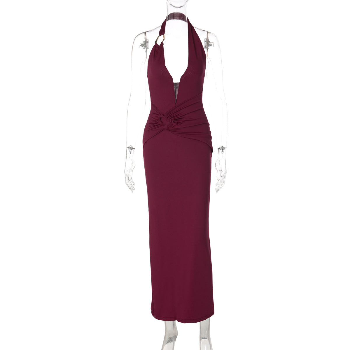 Womens V Neck Spliced Underwire Halter Bodycon Pleated Patchwork Maxi Dress