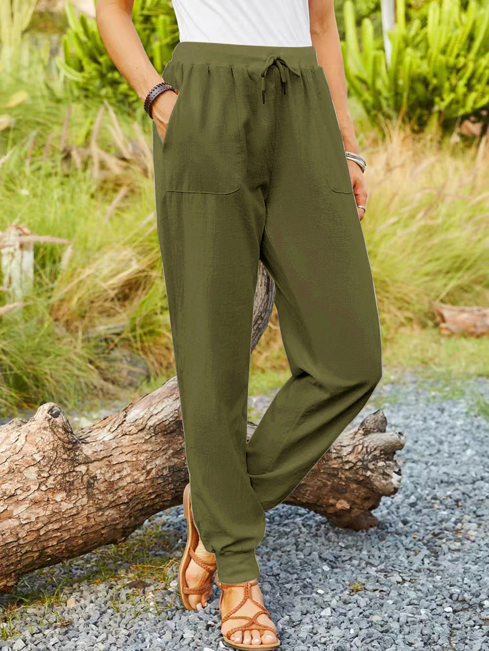 Casual Elastic Cotton And Linen Pants