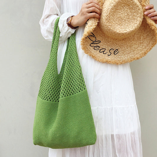 Avocado Green Knit Tote One-Shoulder Sweater Bag