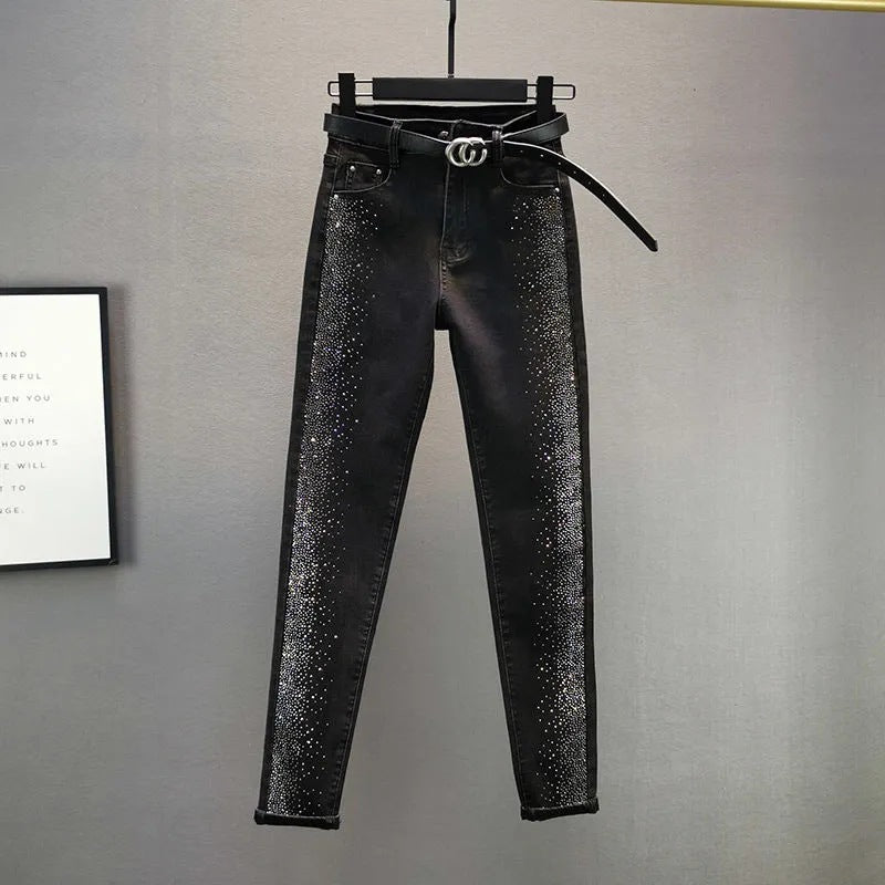 Cotton Elastic Slimming High-waisted Slimming Heavy-duty Hot-drilled Pencil Pants