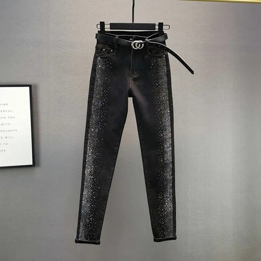 Cotton Elastic Slimming High-waisted Slimming Heavy-duty Hot-drilled Pencil Pants