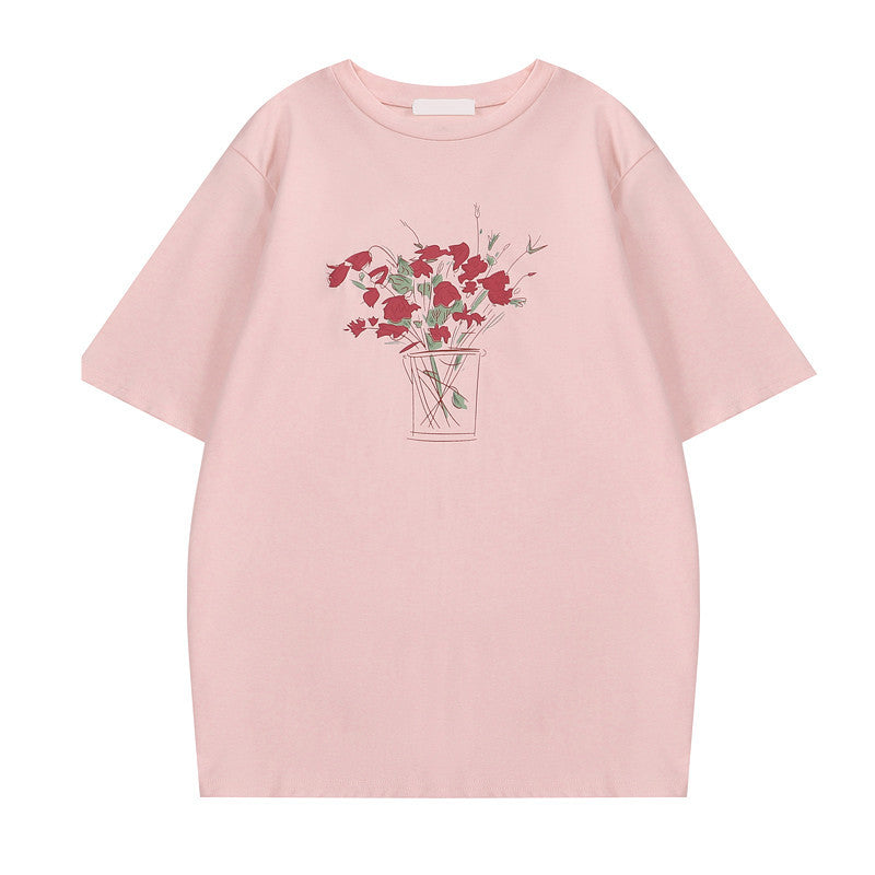 Women's Loose Rose Print Trendy Short Sleeve T-shirt
