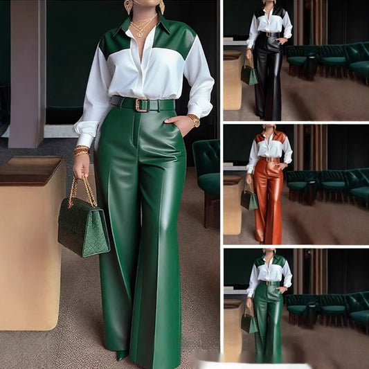 Women's Long-sleeve Shirt And Wide-leg Leather Pants Two-piece Set