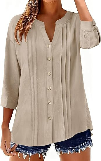 Pleated Casual Solid-Color Loose Cotton-Linen Shirt