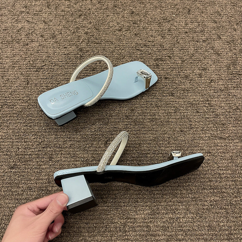 Fashion Tribe Rhinestone High-heeled Slippers Women's Summer Outdoor Chunky Heel Flip-flops Korean Style Ins Fashion