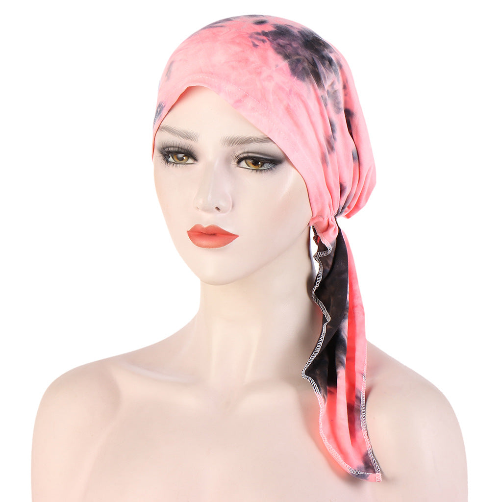 Curved Floral Fabric Two-tail Tie-dye Headscarf