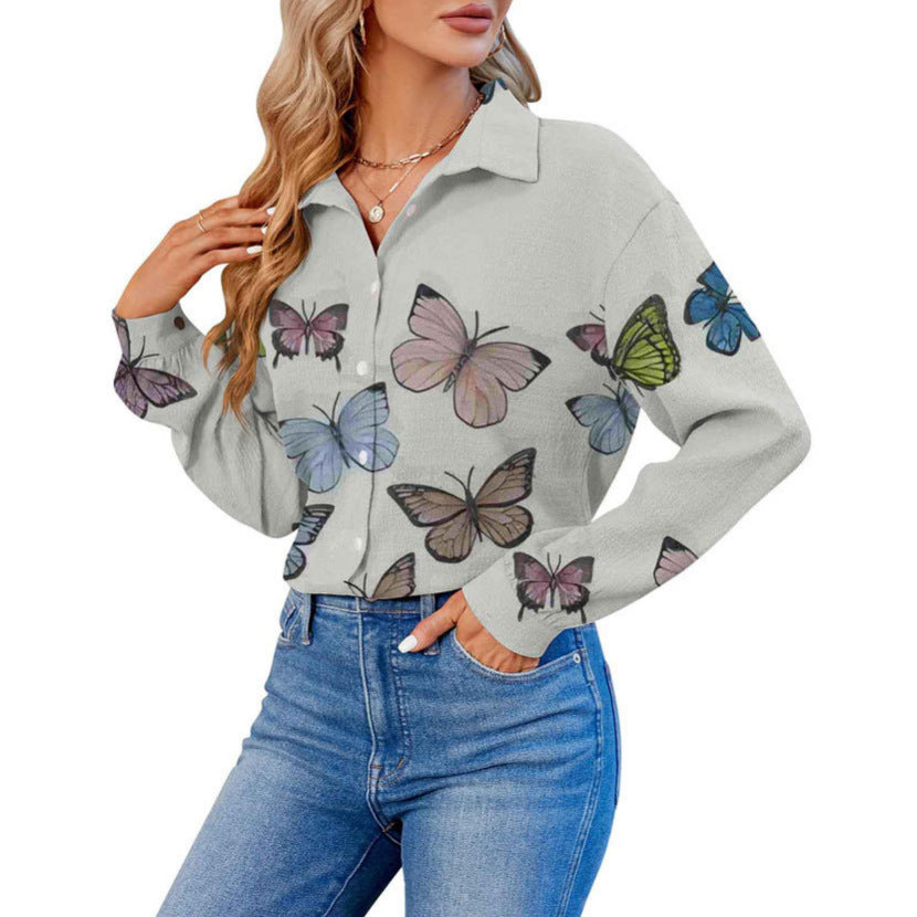 Women's 3D Printed Fashionable Long-sleeved Lapel Shirt