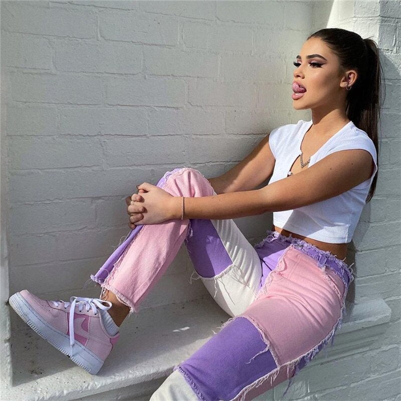 Women's Fashionable Slim Contrast High Waist Jeans