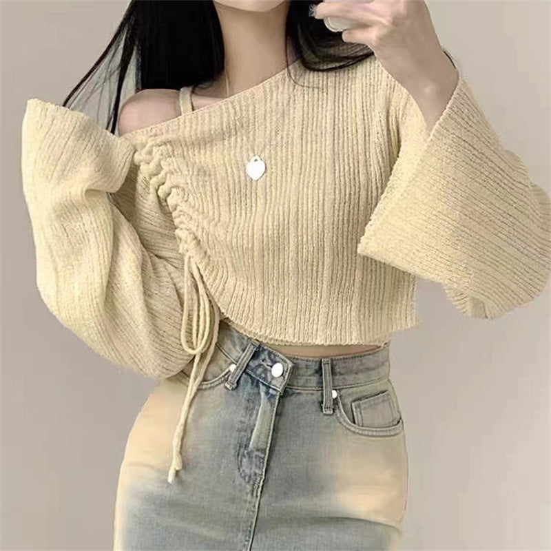 Knitwear High-grade Short Off-shoulder Long-sleeved Top Two-piece Set