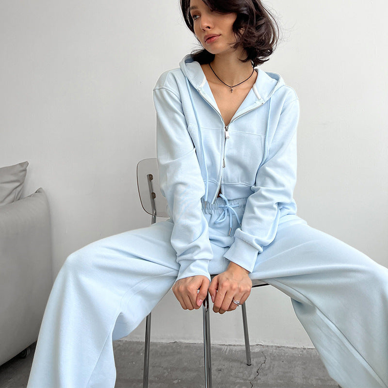 Casual Women's Suit Solid Color Long Sleeve Zip Hoodie Drawstring Sweatpants