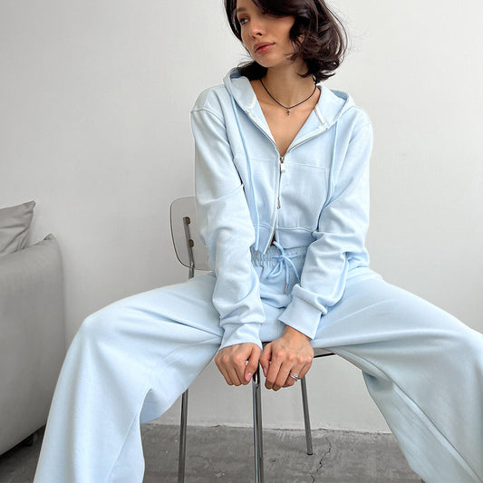 Casual Women's Suit Solid Color Long Sleeve Zip Hoodie Drawstring Sweatpants